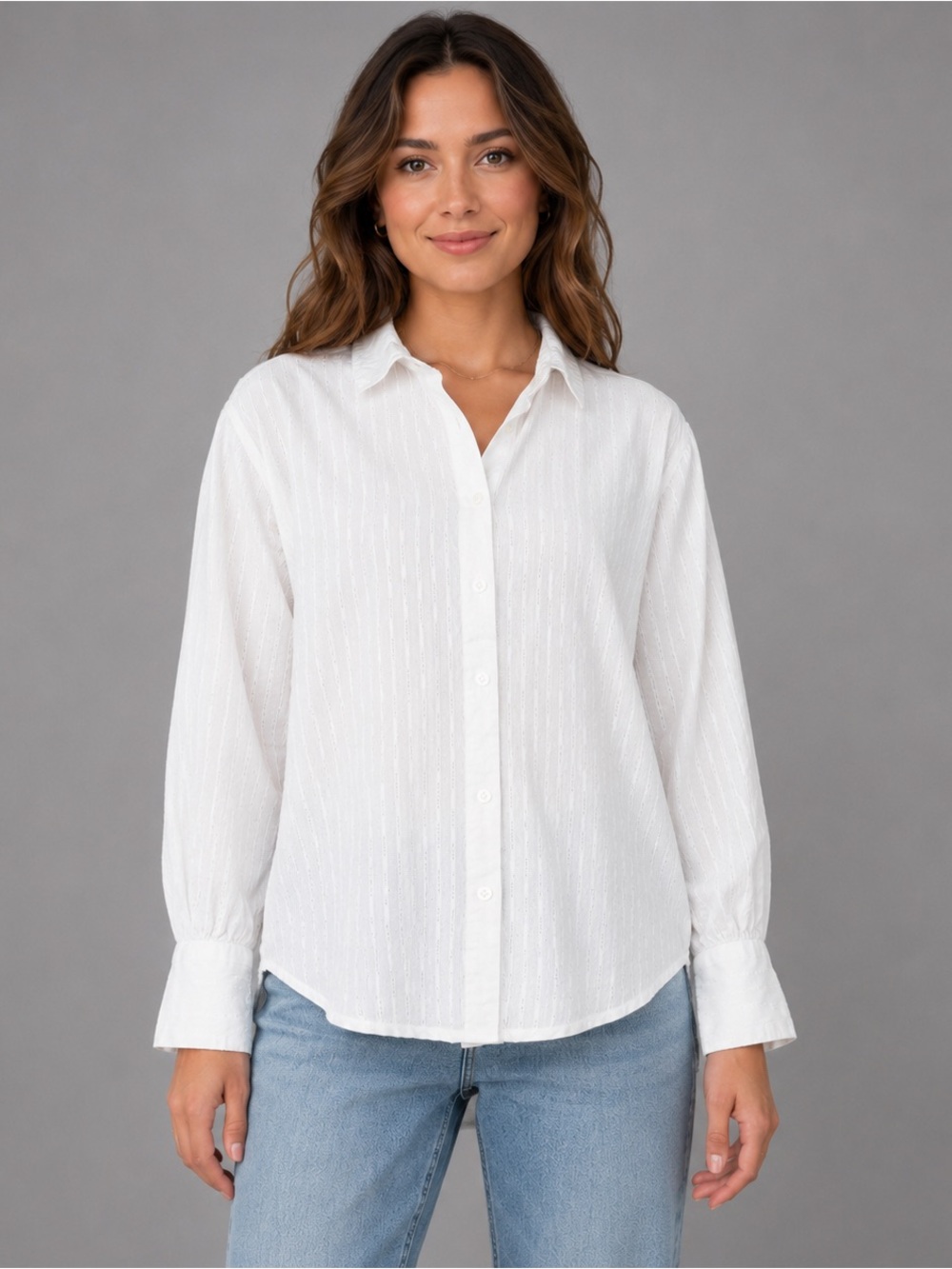 Commense Women’s Medium White Textured Button Up Blouse 100% Cotton Relaxed